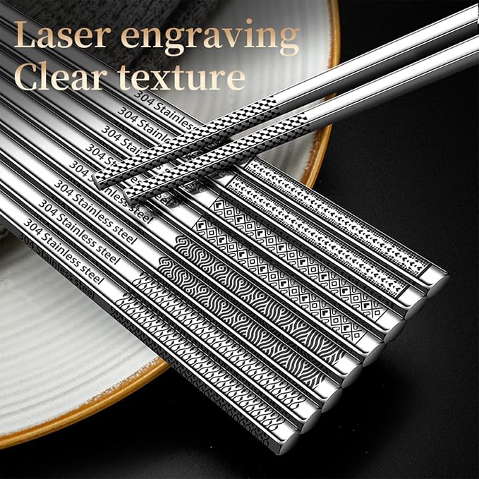 Metal Chopsticks Reusable 316 Stainless Steel Chopsticks Multipack Dishwasher Safe Chop Sticks Square Fancy Laser Engraved Non-slip Korean Chopstick for Cooking Eating 9.45 Inches 5 Pairs Gift SetS