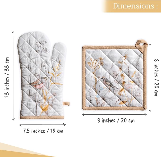 Maison d' Hermine 100% Cotton Oven Mitt & Pot Holder Set (7.5"x13" & 8"x8") | Heat Resistant BBQ Cooking Gloves with Loop Baking Grilling Kitchen Home Farmhouse Spring Summer - Meadow Florals - Beige
