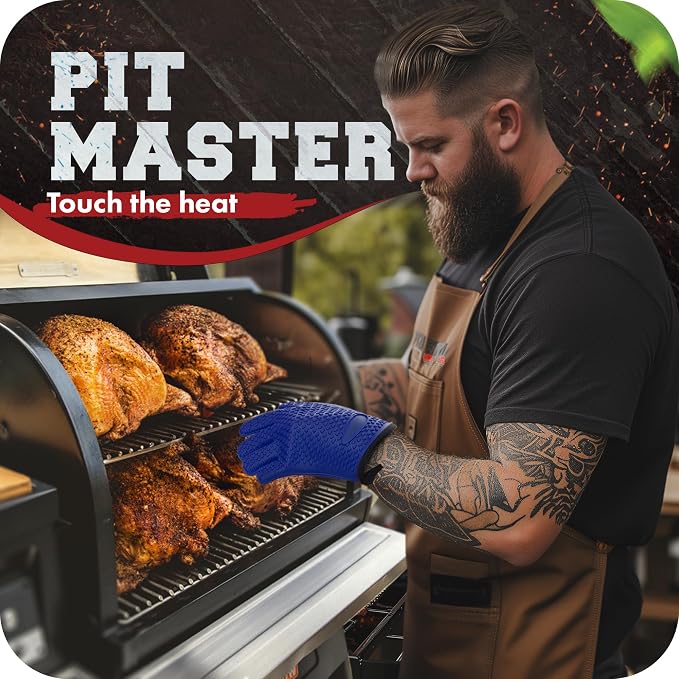 KITCHEN PERFECTION XL Silicone Smoker BBQ Gloves -Heat Resistant Oven Mitts | Waterproof, 5-Finger Design For A Better Grip, for Pitmasters, Meat Smoking, Grilling, Cooking, Frying Turkey | Grill Gift