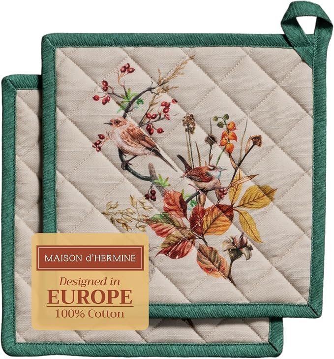 Maison d' Hermine Pot Holders 100% Cotton Potholders (8" x 8", Pack of 2) | Heat Resistant Hot Pads with Loop BBQ Cooking Baking Hotel Kitchen Handling Hot Pans Thanksgiving Christmas - Recolte