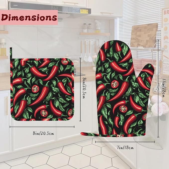 Red Chili Peppers Silicone Oven Mitts and Pot Holders,Heat-Resistant 4 Piece Kitchen Set Non-Slip Oven Gloves and Hot Pads for Cooking, Baking, Grilling,BBQ