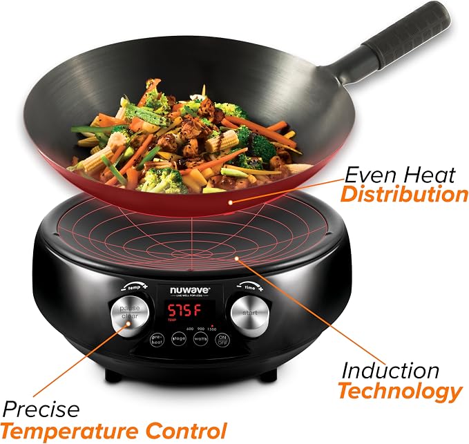 Nuwave Mosaic Induction Wok, Precise Temp Controls from 100°F-575°F in 5°F | Wok Hei, Infuse Complex Charred Aroma & Flavor, 3 Watts 600, 900 & 1500, Authentic 14-inch Carbon Steel Wok Included, Black