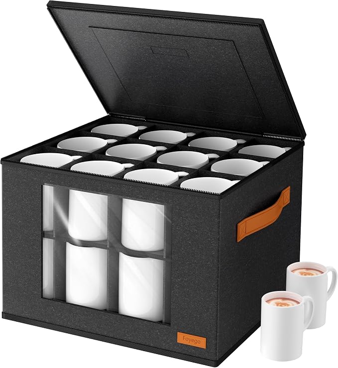 Foyego 2-Layer Coffee Mug Storage Box with Dividers, Cup and Mug Storage Organizer with Zipper Lid and Handles, Stackable Cup Organizer for 24 Coffee Mugs, Cups and Glasses, Dark Grey