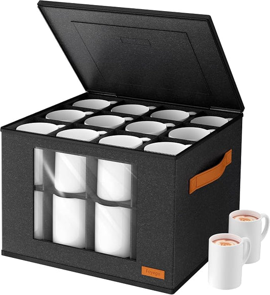 Foyego 2-Layer Coffee Mug Storage Box with Dividers, Cup and Mug Storage Organizer with Zipper Lid and Handles, Stackable Cup Organizer for 24 Coffee Mugs, Cups and Glasses, Dark Grey