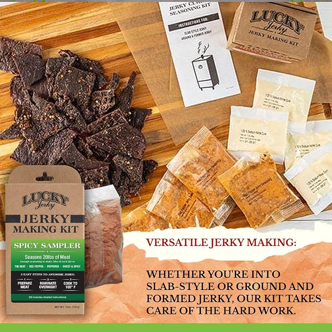 Lucky Jerky Ultimate Spicy DIY Beef Jerky Seasoning and Cure Kit, 12 Oz | Make Your Own with The Heat, Red Pepper, Black Pepper, and Sweet & Spicy, Seasons 5 lbs per Flavor, 20 lbs Total