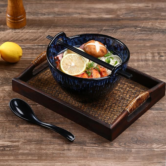 Ramen Bowl with Chopsticks and Spoons Set, 7 Inch Ceramic Noodle Bowl Set of 2, Donburi Bowl Dishwasher Safe for Pho Udon Soba Noodle Salad Pasta, Special Reactive Glazed Navy Bowls Set