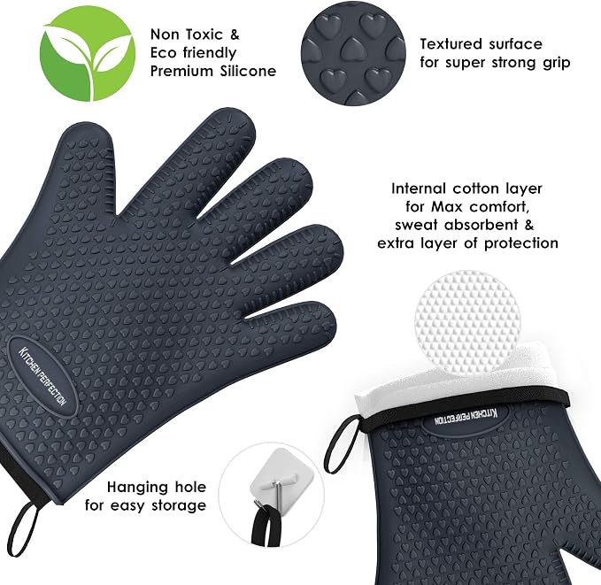 KITCHEN PERFECTION S Silicone Smoker BBQ Gloves - Heat Resistant Oven Mitts | Waterproof, 5-Finger Design For A Better Grip, for Pitmasters, Meat Smoking, Grilling, Cooking, Frying Turkey | Grill Gift