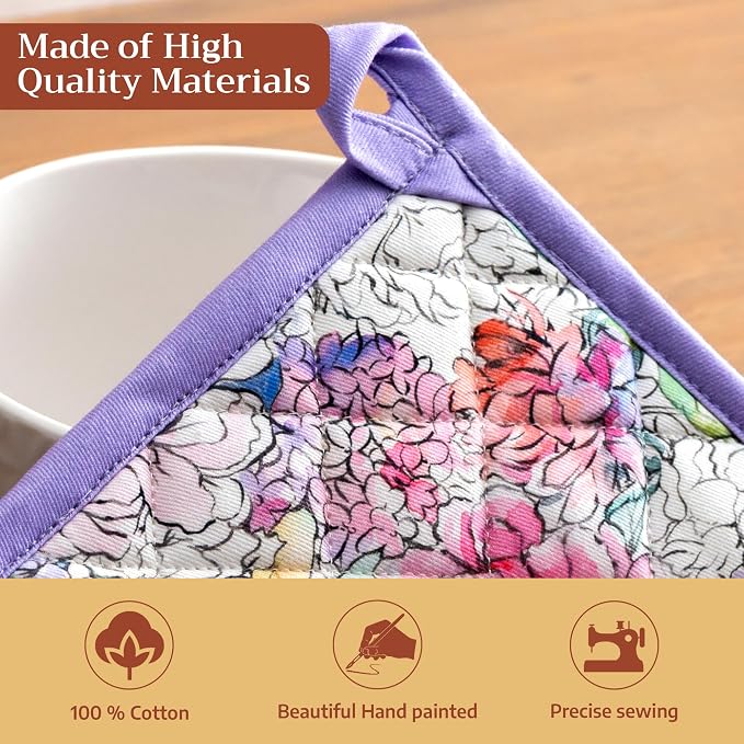 Maison d' Hermine 100% Cotton Oven Mitt & Pot Holder Set (7.5"x13" & 8"x8") | Heat Resistant BBQ Cooking Gloves with Loop Baking Grilling Kitchen Hotel Home Farmhouse Spring Summer - Floral Love