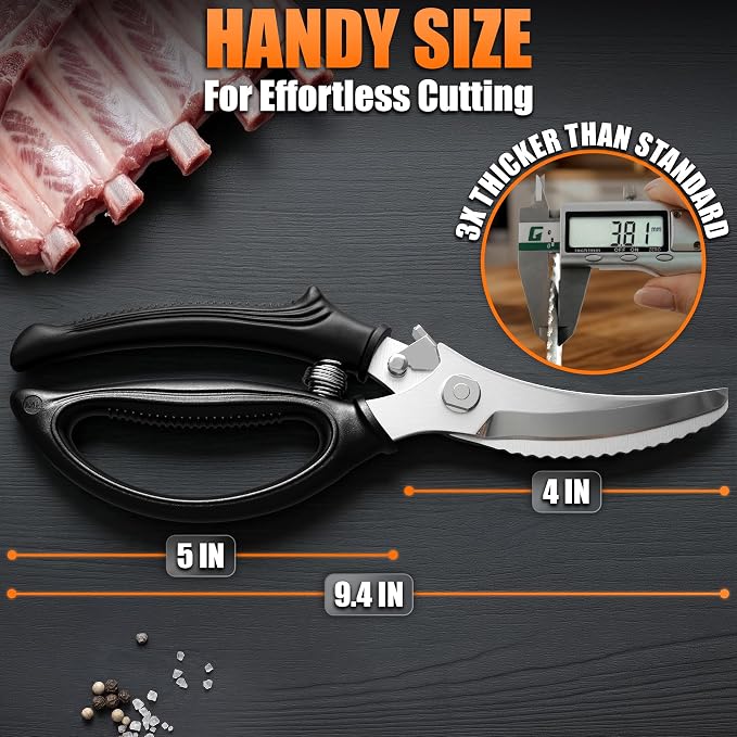Poultry Shears Heavy Duty, Stainless Steel, 9.4 In, Safety Lock | Spring Loaded Bone Cutting Scissors with Serrated Edge that Grips Joints; Turkey, Poultry & Chicken Shears for Spatchcock