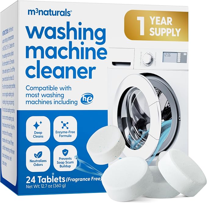 M3 Deep Cleaning Washing Machine Cleaner for Front & Top Load | 24 Fragrance-Free Washer Cleaner and Deodorizer | 1-Year Supply Septic Safe Tablets