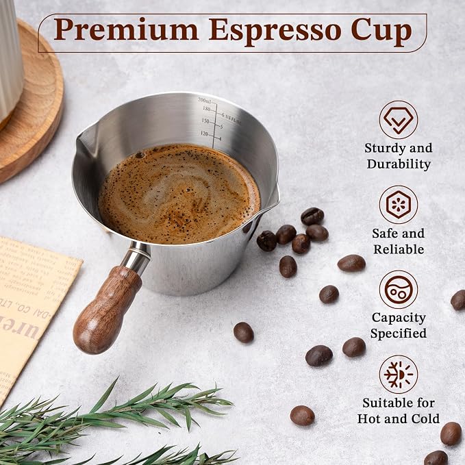 Amrules Espresso Cup, 6.8 oz/200 ml Stainless Steel Coffee Shot Measuring Cup with Wood Handle, Double V-Shaped Mouth and Clear Scale for Cappuccino Barista Coffee Bar Accessories, Silver