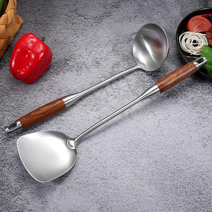 Wok Spatula & Ladle Set, AOOSY 304 Stainless Steel Cooking Utensils,2 Pcs | Wooden Handle Wok Utensils Soup Ladle Wok Spatula, 15 In