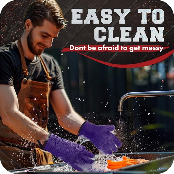 KITCHEN PERFECTION Silicone Smoker BBQ Gloves - Heat Resistant Oven Mitts | Waterproof, 5-Finger Design For A Better Grip, for Pitmasters, Meat Smoking, Grilling, Cooking, Frying Turkey | Grill Gift