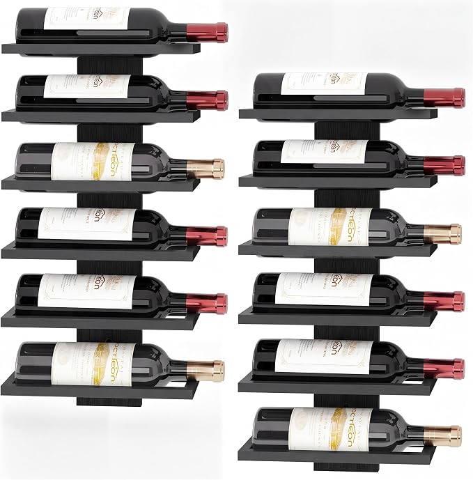 Hoctieon 2-Set 6 Tier Wall Mount Wine Rack, Wall Mounted Wine Bottle Racks for Display and Storage, Hanging Bottle Holder, for Living Room, Dining Room, Bar, Wine Cellar, Black