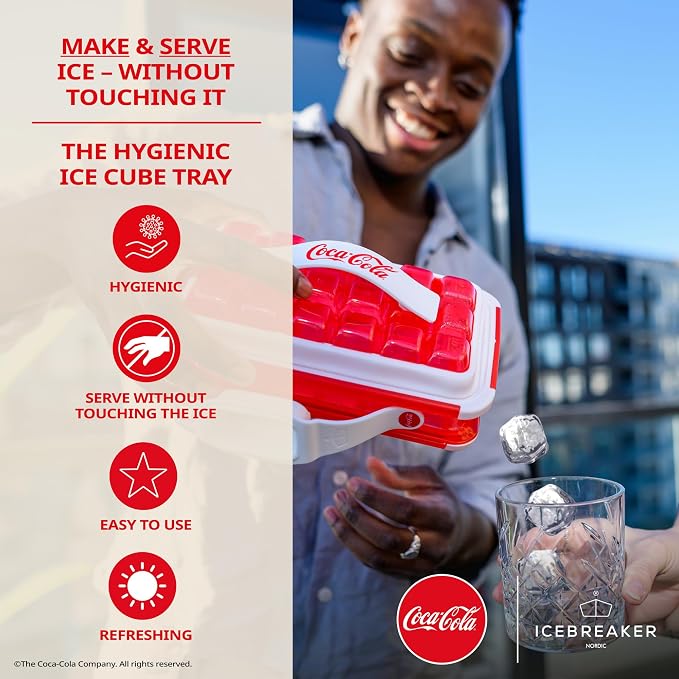 ICEBREAKER Nordic POP Ice Cube Tray With Lid and Coca-Cola® Design - NO SPILL Ice Cube Trays For Freezer - NO TOUCH Trays For Freezer With Lid - Make And Serve 18 Ice Cube Without Touching the Ice