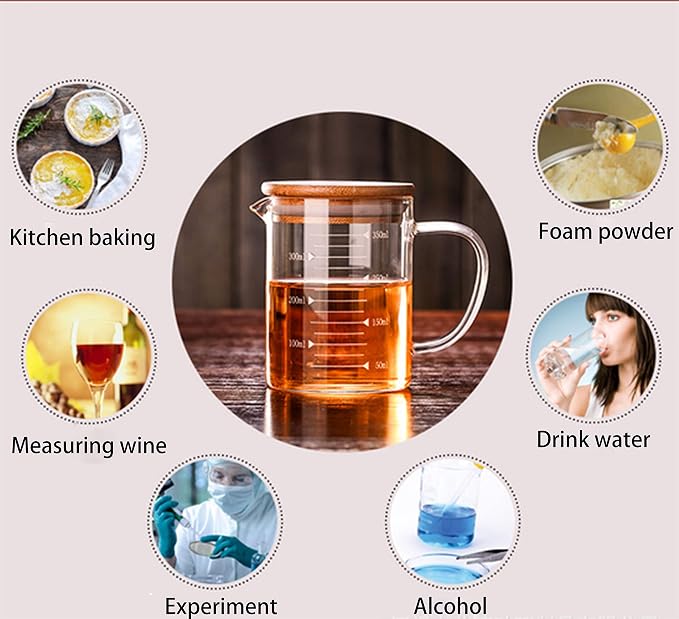 Graduated Beaker Mug with Handle and Durable Bamboo Lid Borosilicate Glass Multi-Function Food Grade Measuring Cup 350ML