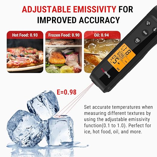 TempPro TempScan 2-in-1 Infrared Thermometer Gun with Meat Probe, Black | Instant Read Thermometer for Grilling, Non-Contact Infrared Thermometer for Cooking Pizza Oven Griddle HVAC Pool AC Vent