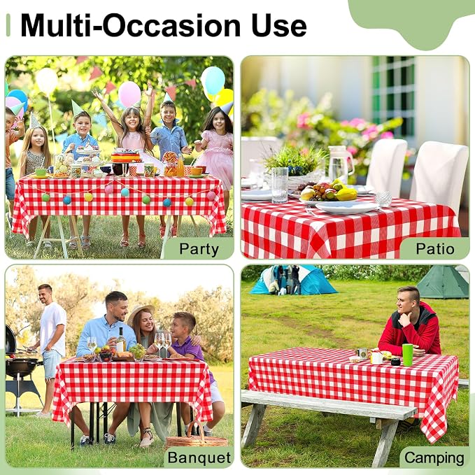 4 Packs Buffalo Disposable Table Cloth, 54 x 72 Inch Waterproof Plastic Tablecloth, Rectangle Red and White Checkered Table Covers for Picnic, Birthday, Party, Back to School