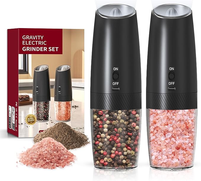 Rechargeable Salt And Pepper Grinder Set with LED Light, Automatic Electric Gravity Salt And Pepper Shakers Set, No Battery Needed, Adjustable Roughness, 2 Pack (Black&Black)
