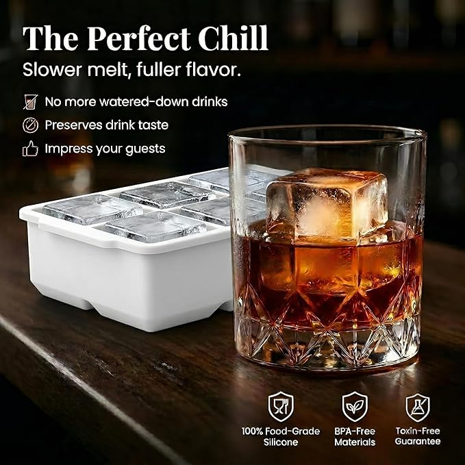 KitchFort® Large Silicone Ice Cube Tray (2-Pack) - 2" Big Ice Mold with Lid | Easy Release, Cocktail, Whiskey Ice Cubes Mold - Food Grade - Ice Cube Trays for Freezer - Stackable Silicone Ice Tray