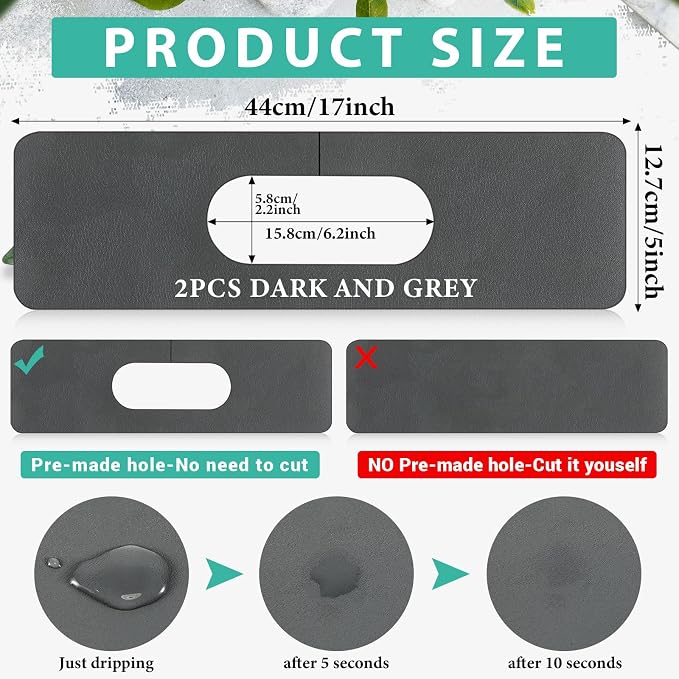 Tioncy 2 Pcs Faucet Mat Sink Splash Guard Oval-hole Oval Splash Pad for Kitchen Sink Oval Base Diatomite Faucet Mat for Bathroom Absorbent Mat Splatter Screens(Dark Gray)