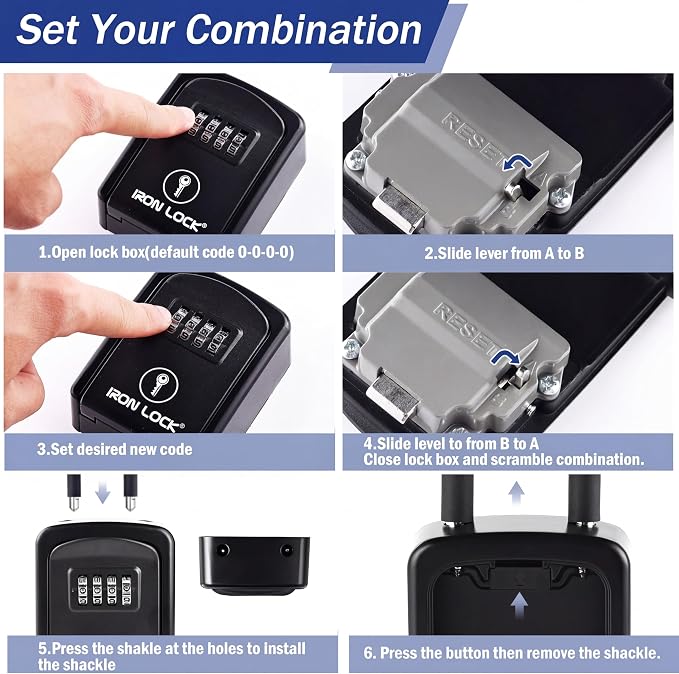 Iron Lock® Small Portable Key Lock Box with Code, U-Shackle (Small, Black) | U-shackle opens fully out to loop over a handle, gate, latch or rail; rolling combination dials, no app, no battery