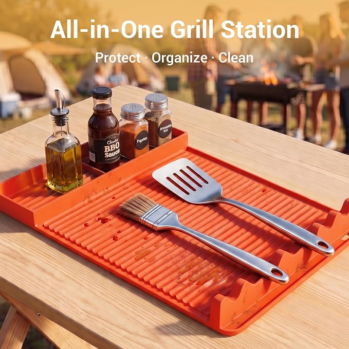 Silicone Grill Mat for Blackstone Griddles & Outdoor Grills - Heat Resistant (450°F) Countertop Protector, Non-Slip Tool Organizer & Grease Catcher, 16x11.5 Inch(Orange)