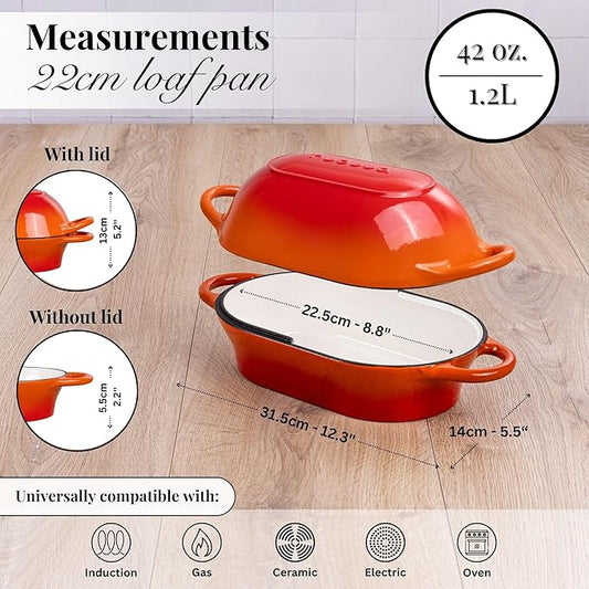 Dutch Oven For Sourdough Bread Baking – Enamelled Cast Iron Bread Loaf Pot – Oven Safe Non Stick Bread Pot – Rectangular, Orange, 24cm x 16cm – by Nuovva