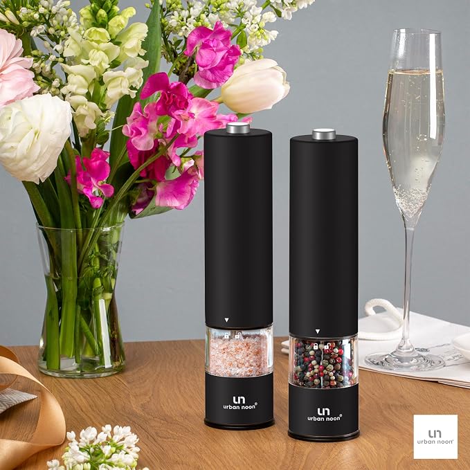 Urban Noon Electric Salt and Pepper Grinder Set (2 Mills, 8.1" Tall) - One-Handed Push-Button Mills with LED Light, Adjustable Ceramic Coarseness, Gift-Ready Box, 1-Year Warranty - Black