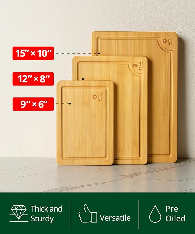 ROYAL CRAFT WOOD Wooden Cutting Boards for Kitchen Meal Prep & Serving - Bamboo Wood Serving Board Set with Deep Juice Groove Side Handles - Charcuterie & Chopping Butcher Block for Meat