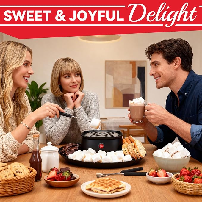 SugarWhisk 2 in 1 Electric Smore Maker & Fondue Set, Marshmallow Roaster with 4 Forks, Indoor Smores Kit for Kids & Couples, Cheese & Chocolate Fondue Pot, 4 Detachable Trays, Graphite