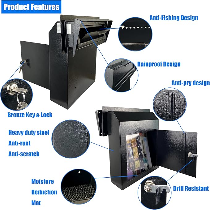Locking Mailbox Drop Box with Rain Cover, Heavy-Duty Galvanized Steel, Door Mounted Secure Mailbox for Keys, Cash, Checks, Deposits & Letters – Safe Mail Drop Box for Home/Office, Dark Gray