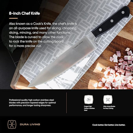 DURA LIVING 8 Inch Professional Chef Knife – High Carbon Stainless Steel, Razor-Sharp, Versatile Cooking & Cutting Kitchen Knife, Ergonomic Handle, Sleek Black Design