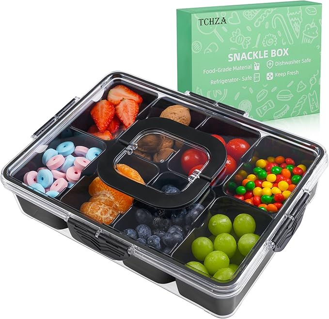 Snackle Box Container Dishwasher Safe Divided Serving Tray with Lid Handle | Charcuterie Board for Portable Snack Platters, Organizer for Fruits Snacks, Perfect for Road Travel - Black