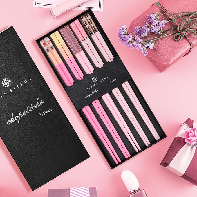 Chopsticks Reusable Dishwasher Safe, GLAMFIELDS 5 Pairs 9.5 Inches Premium Chop Sticks Set for Sushi, Ramen, Asian Cuisine, Matte Non-slip with Gift Case, Pink