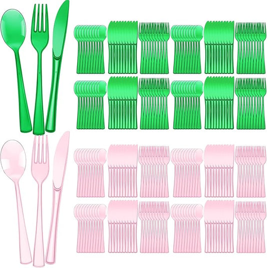 Minatee 150 Pieces Disposable Cutlery Set Plastic Silverware Heavy Duty Utensil Sets 50 Forks 50 Knives 50 Spoons for Home Office School Party Picnics Restaurant Outdoor Events (Pink,Green)