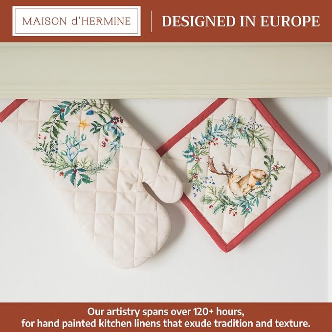 Maison d' Hermine 100% Cotton Oven Mitt & Pot Holder Set (7.5"x13" & 8"x8") | Heat Resistant BBQ Cooking Gloves with Loop Baking Grilling Kitchen Hotel Home Farmhouse Thanksgiving Christmas - Holly Time