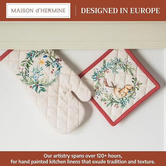Maison d' Hermine 100% Cotton Oven Mitt & Pot Holder Set (7.5"x13" & 8"x8") | Heat Resistant BBQ Cooking Gloves with Loop Baking Grilling Kitchen Hotel Home Farmhouse Thanksgiving Christmas - Holly Time