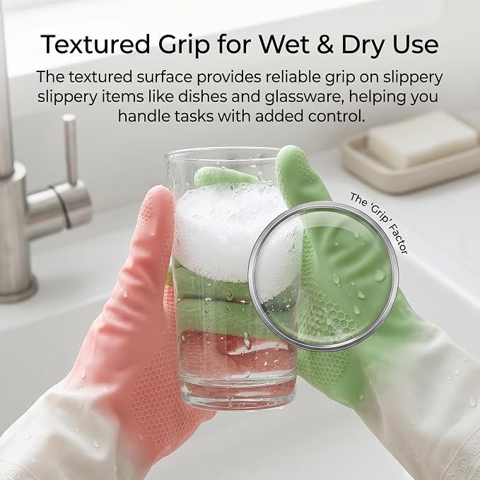 Cleaning Gloves 2 Pairs, Medium Reusable Dishwashing Gloves Honeycomb Non-Slip Grip, Waterproof Long Cuff Household Gloves for Kitchen Dishes Bathroom Laundry Pet Bath, Mint Green & Pink for Women