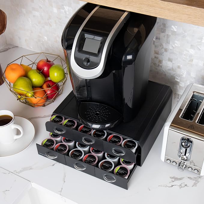 Mind Reader Single Serve Coffee Pod Organizer with 2 Drawers, 72 Pod Capacity, Countertop, 14"L x 12.25"W x 4.75"H, Black (Pack of 4)