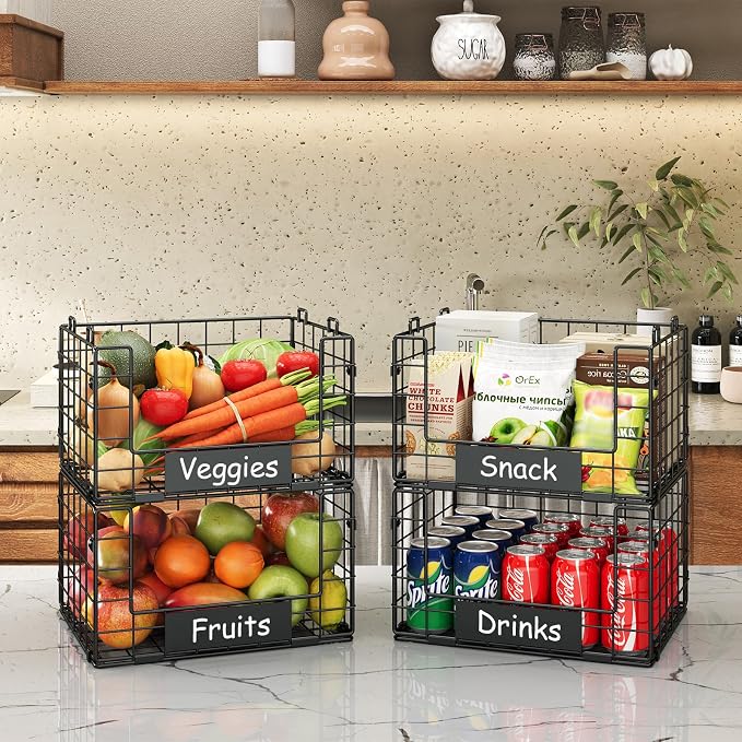 JKsmart 4 Pack XL Stackable Wire Baskets, Pantry Organizers and Storage | Pantry Baskets with Handles and Name Plates, Muti-Purpose for Snack Organizer & Vegetable Basket & Fruit Basket & Snack Rack