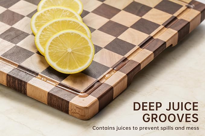 Checkered Cutting Boards for Kitchen, Wooden Chopping Board | Acacia Wood Cutting Board with Juice Grooves & Handles, Decorative Serving Tray with Gift Box, 16.5"x11.6"×0.8"