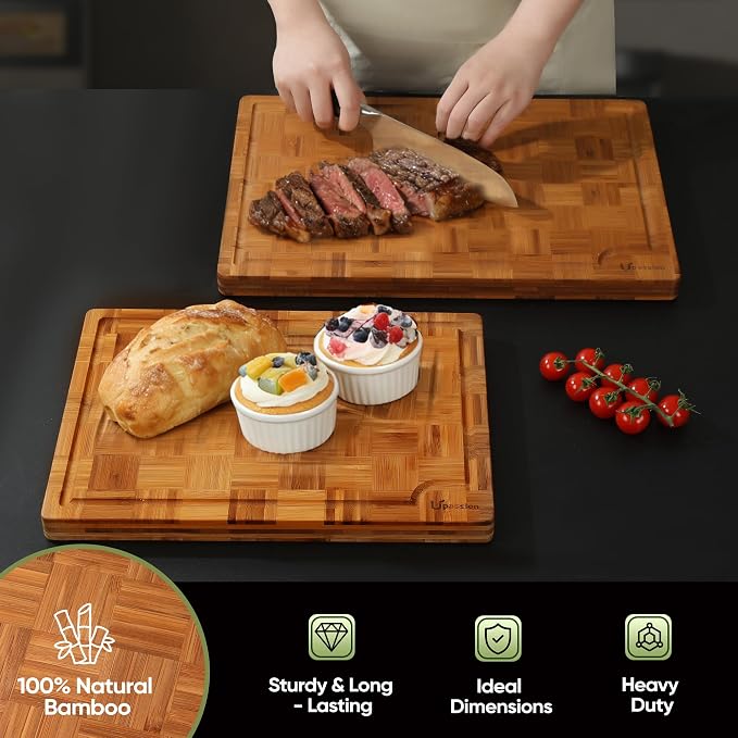 Bamboo Cutting Board Set of 2 Wooden Cutting Boards for Kitchen Wood | Heavy Duty Thick Checkered, Wooden Wood Cutting Board, Deep Juice Grooves, Non-slip Feet, 2 Pack