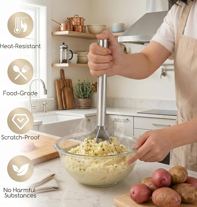 Meat Masher Stainless Steel, Heavy Duty Ground Beef Masher, 6-Blademeat Meat Chopper Potato Masher Hamburger Smasher, Dishwasher Safe (L, Stainless Steel)