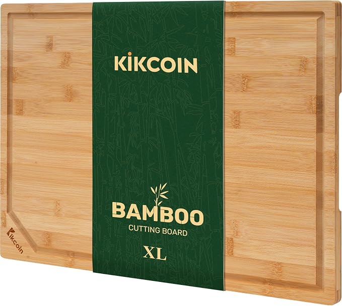 Kikcoin 17"×11" Bamboo Cutting Boards for Kitchen, Knife-Friendly Food Grade Wooden Cutting Boards for Kitchen, Charcuterie, Extra Large Chopping Boards with Deep Juice Groove, Reversible, Natural