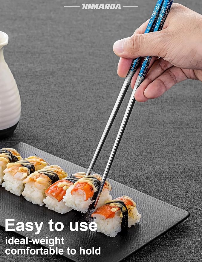 TINMARDA Metal Chopsticks Reusable, 3 Pairs Non-Slip Chop Sticks Reusable Dishwasher Safe, Titanium Plated Stainless Steel Chopsticks Present Set (Blue Silver)