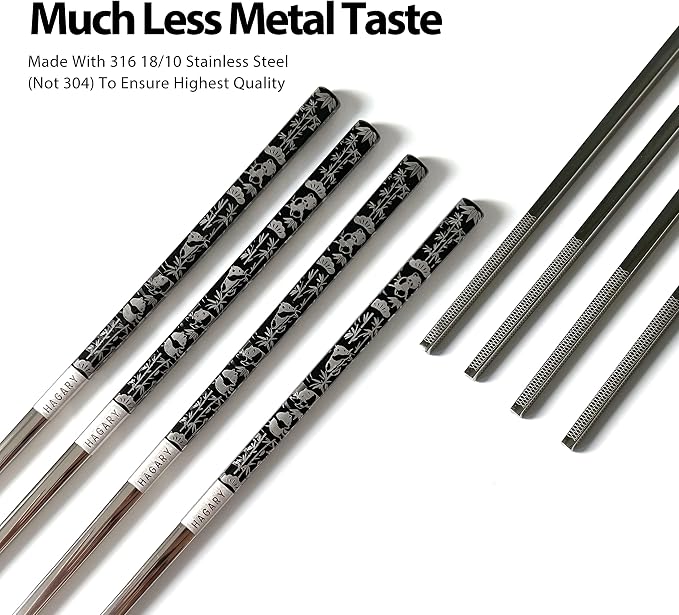 Hagary Panda Black Chopsticks Metal Chopsticks Reusable Designed In Korea Japanese Style Stainless Steel 316 18/10 Non-Slip Dishwasher Safe (Black - 2 Pairs)