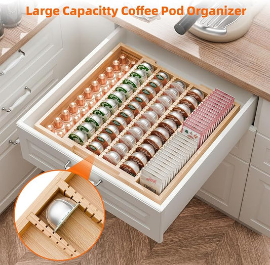 Simple Trending Bamboo Coffee Pod Holder Drawer, Expandable K Cup Pod Storage Compatible with Nespresso Vertuo Capsules, K Cup Drawer Organizer for Coffee Station, Home Office, Kitchen, Natural