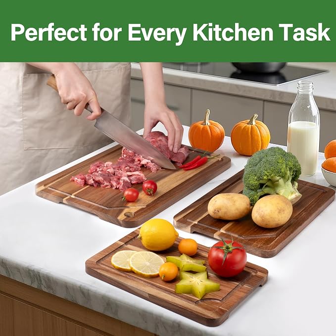 Wood Cutting Board Set, 3-Piece Cutting Board with Stand & Hanging Hole | Chopping Board with Juice Groove & Handles, Serving Board, Ideal for Meat, Vegetables and Cheese