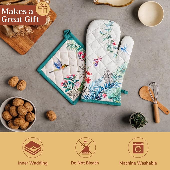 Maison d' Hermine 100% Cotton Oven Mitt & Pot Holder Set (7.5"x13" & 8"x8") | Heat Resistant BBQ Cooking Gloves with Loop Baking Grilling Kitchen Hotel Home Farmhouse Spring Summer - Tropiques
